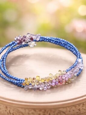 New Convertible Sapphire Wrap Bracelet Necklace: 14K White Gold , Ombre Gemstone